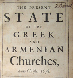 Title page of Paul Rycaut's The Present State of the Greek and Armenian Churches published in 1679